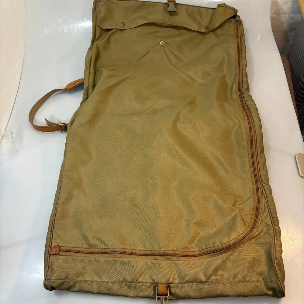 Hartmann Khaki Nylon Brown Leather Folding Hanging Garment Bag Luggage Vintage